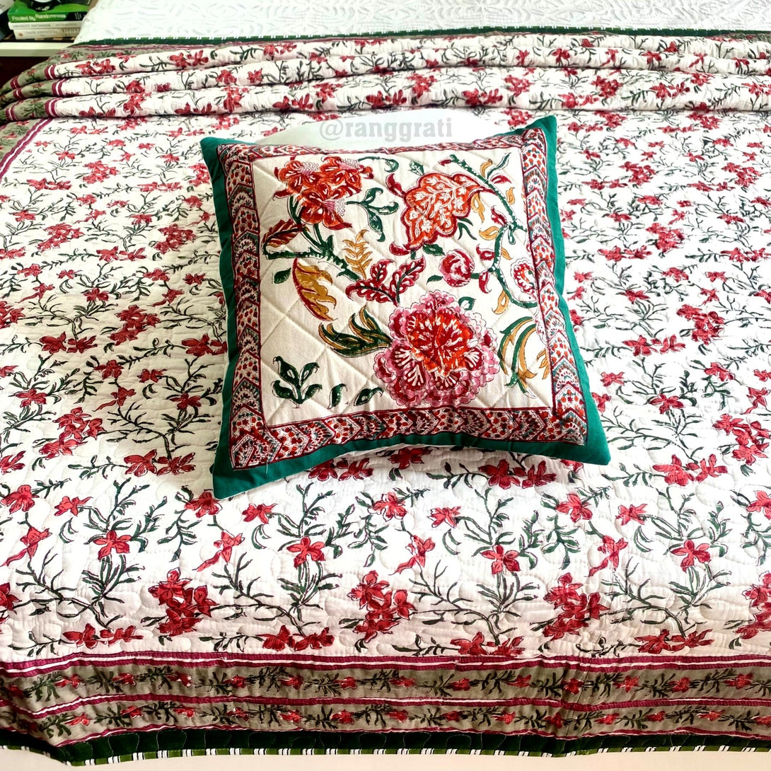 Red Floral Quilted Bed Cover Mulmul Voile Reversible Queen Size - Bedcover