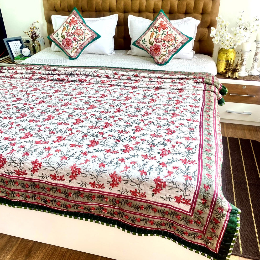 Red Floral Quilted Bed Cover Mulmul Voile Reversible Queen Size - Bedcover