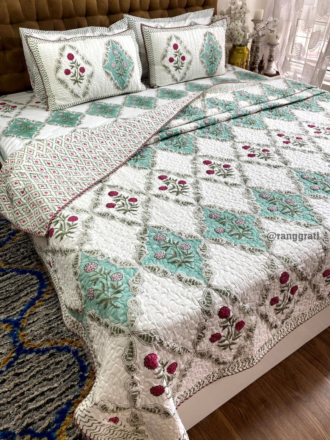 Red Floral Bedding Set with Coordinated Quilted Cover