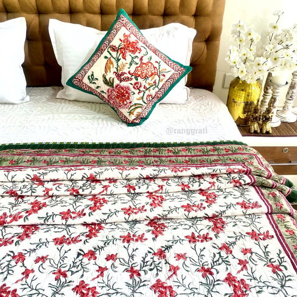 Red Floral Quilted Bedcover In Mulmul Voile Reversible Queen Size