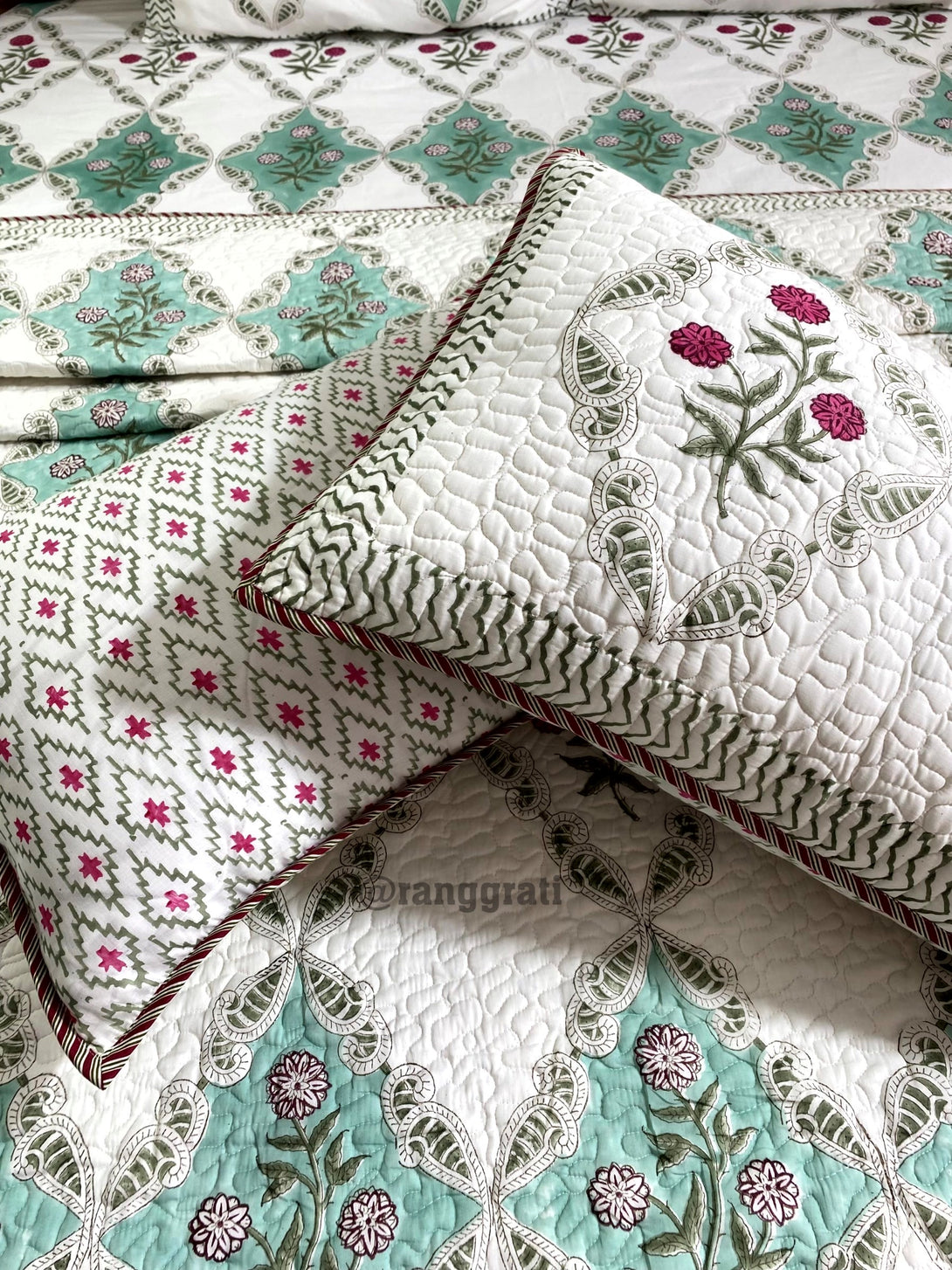 Red Floral Bedsheet and Matching Quilted Bedcover