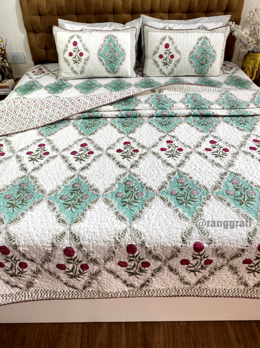 Elegant Red Floral Sheet with Quilted Bedcover Set