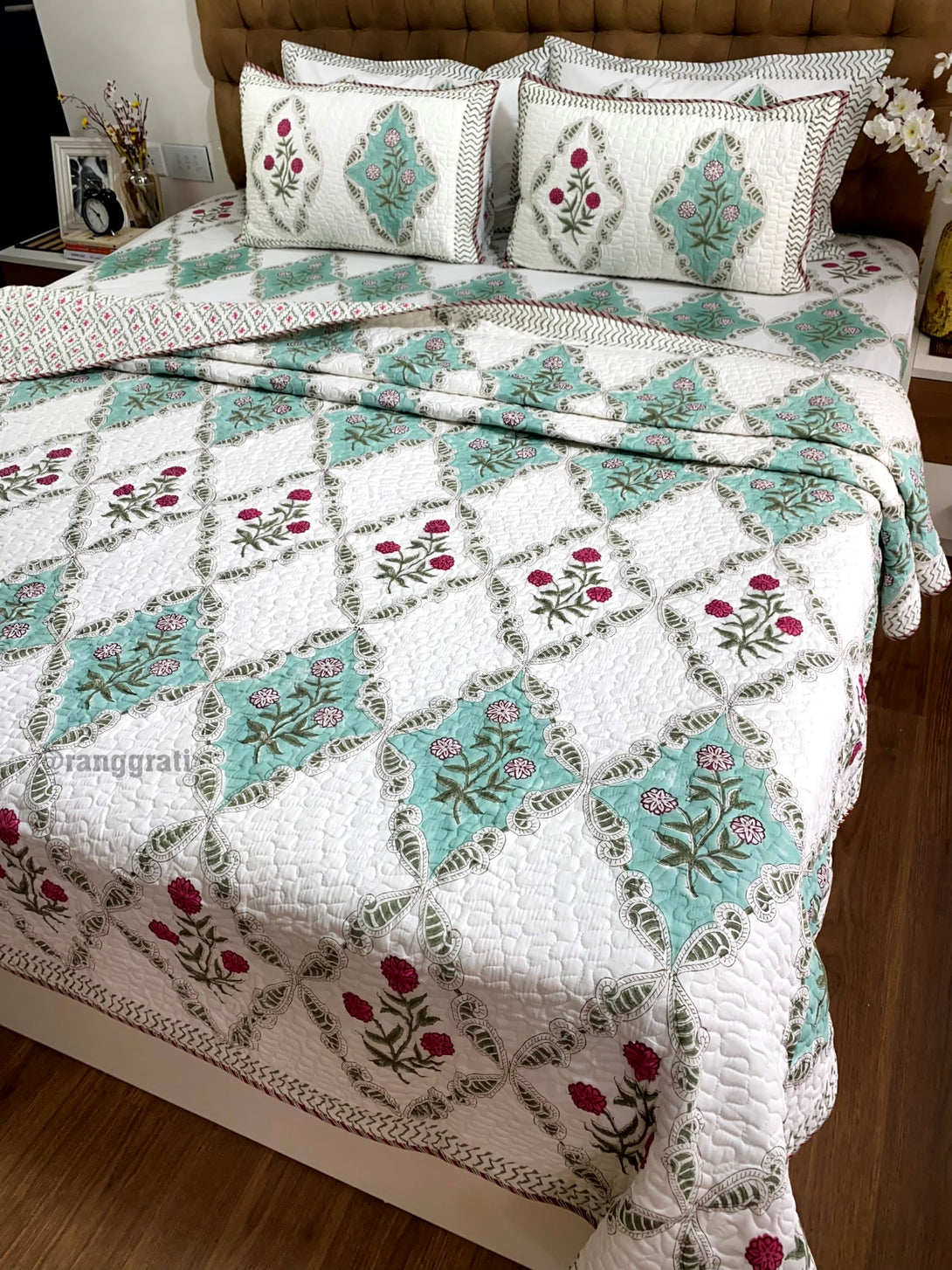 Red Floral Printed Bedsheet with Quilted Bedcover