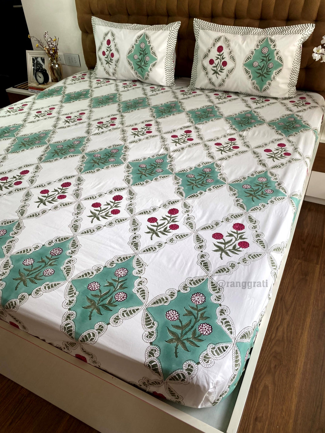 Red Floral Bedsheet With Matching Quilted Bedcover Set
