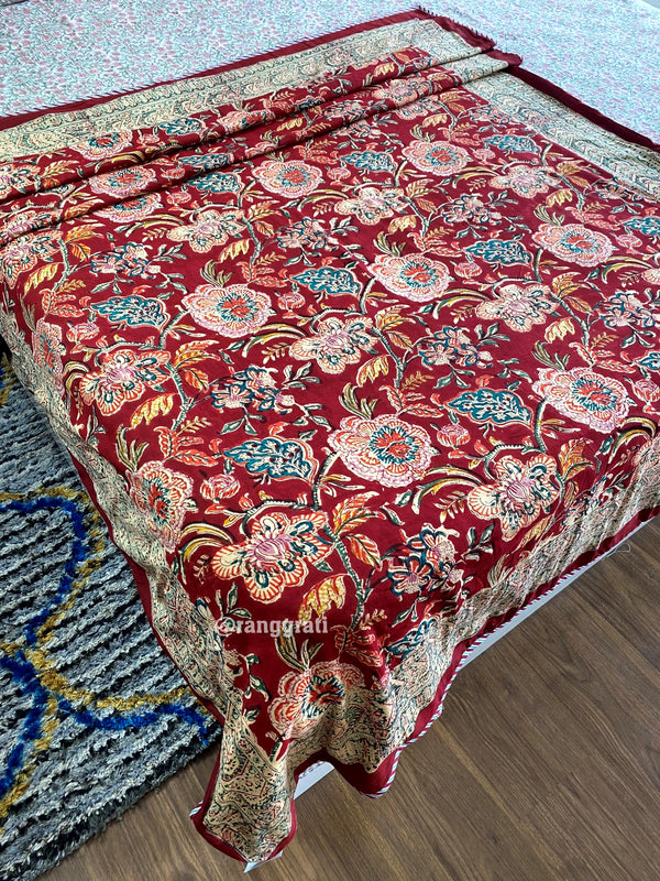Red Floral Dohar For Single Bed In Mulmul Cotton Reversible