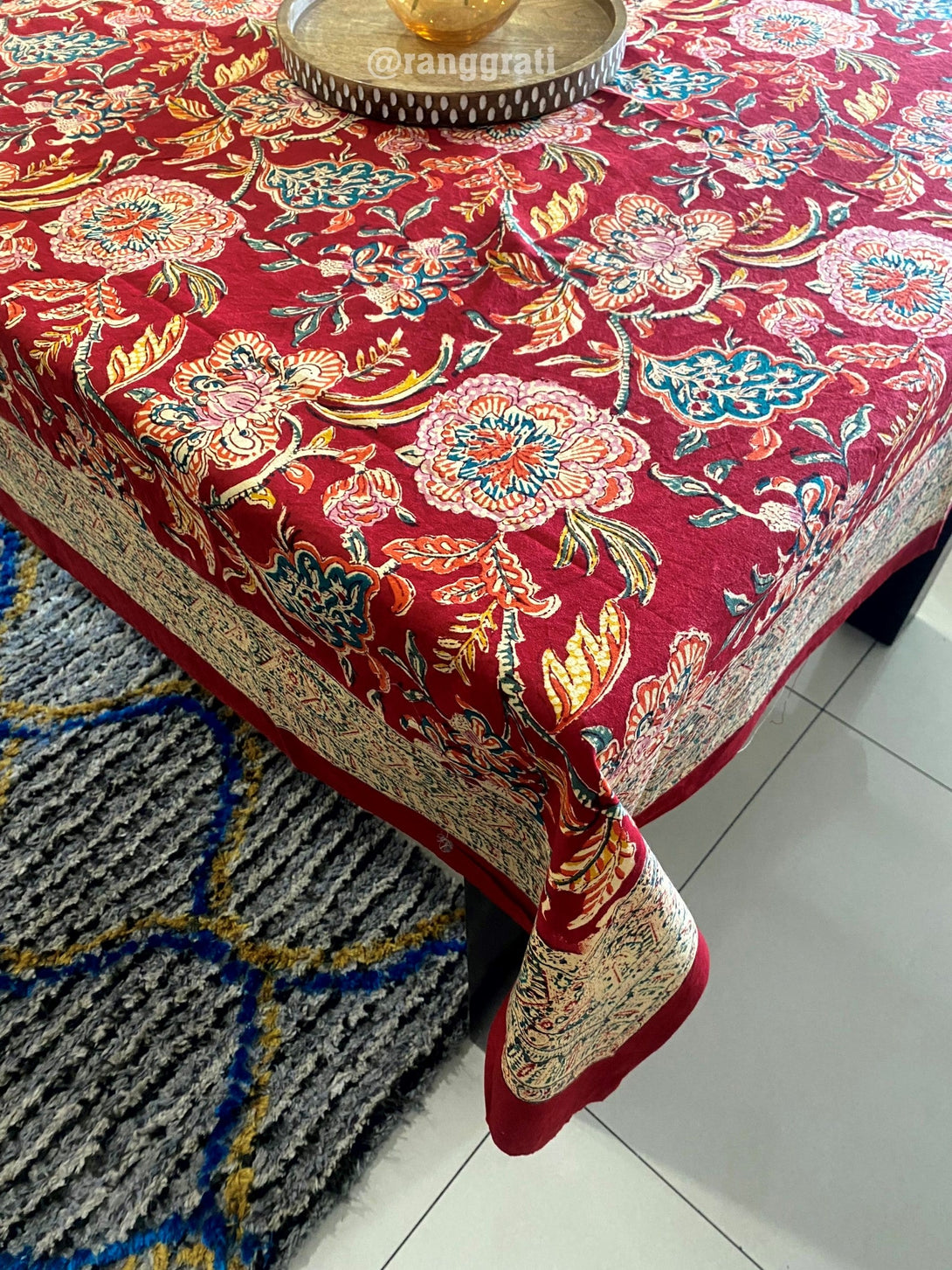 Red Floral Table Cover 6 Seater Dining Table Rectangular - Table Cover