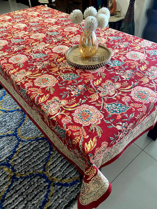 Red Floral Table Cover 6 Seater Dining Table Rectangular - Table Cover