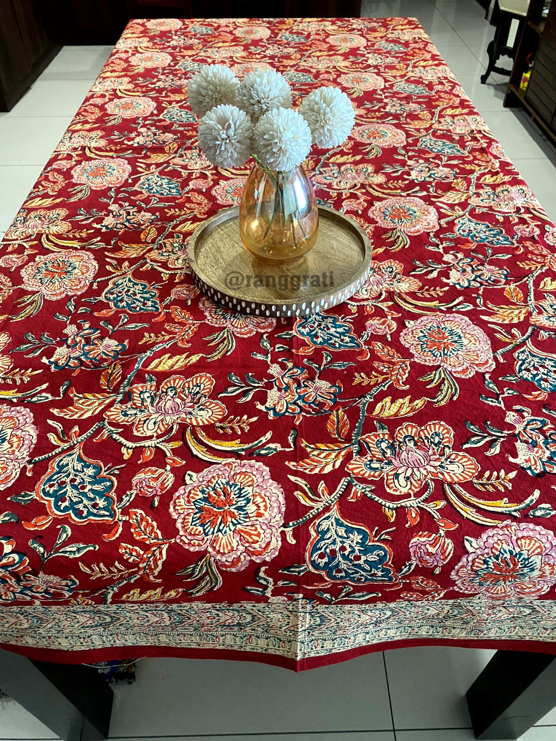 Red Floral Table Cover 6 Seater Dining Table Rectangular - Table Cover