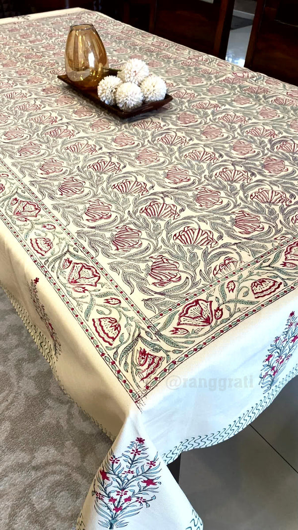 Red Floral Table Cover Cloth 6 Seater Dining Table Rectangular - Table Cover