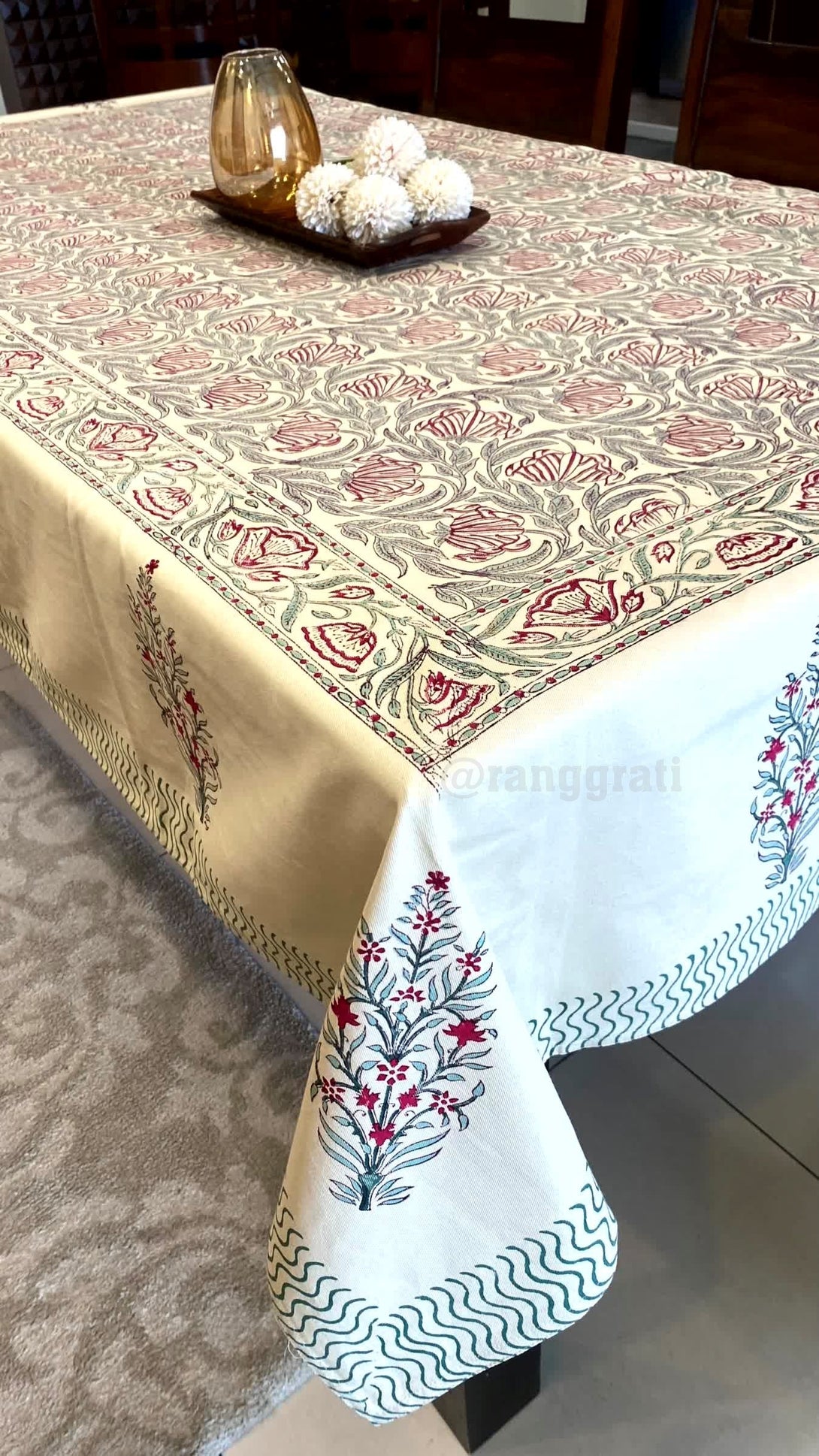 Red Floral Table Cover Cloth 6 Seater Dining Table Rectangular - Table Cover