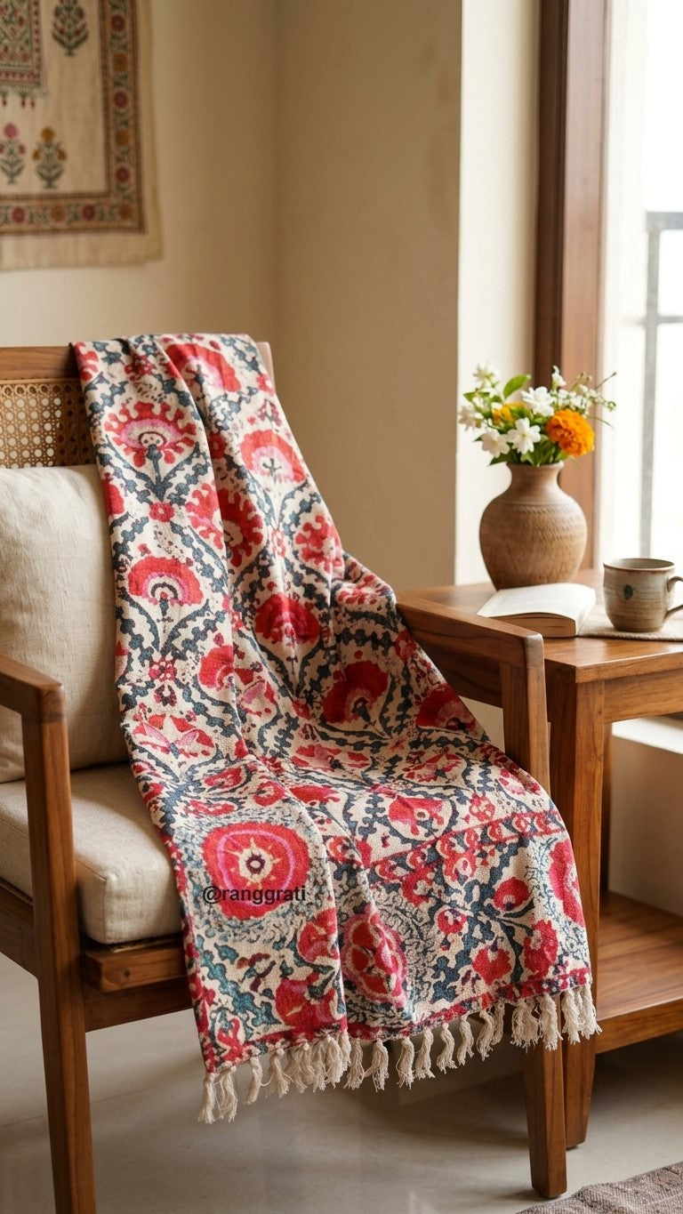 Red floral hand block printed throw