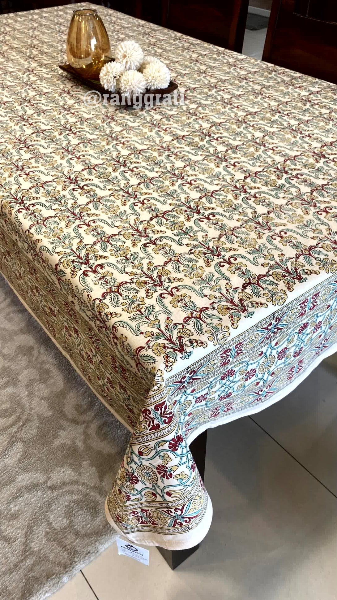 Red Golden Floral Table Cover Cloth 6 Seater Dining Table Rectangular - Table Cover