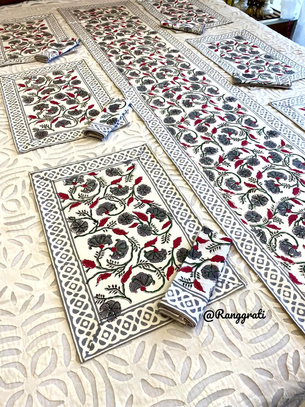 Red Grey Floral Table Runner With 6 Table Mats and 6 Napkins - Table Runner Set