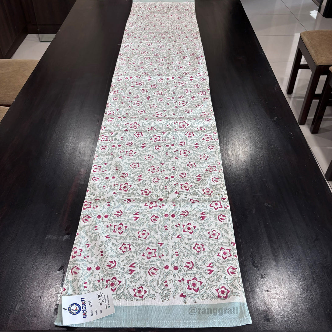 Red Jaal Floral Block Print Cotton Table Runner 6 Seater Dining Table - Table Runner