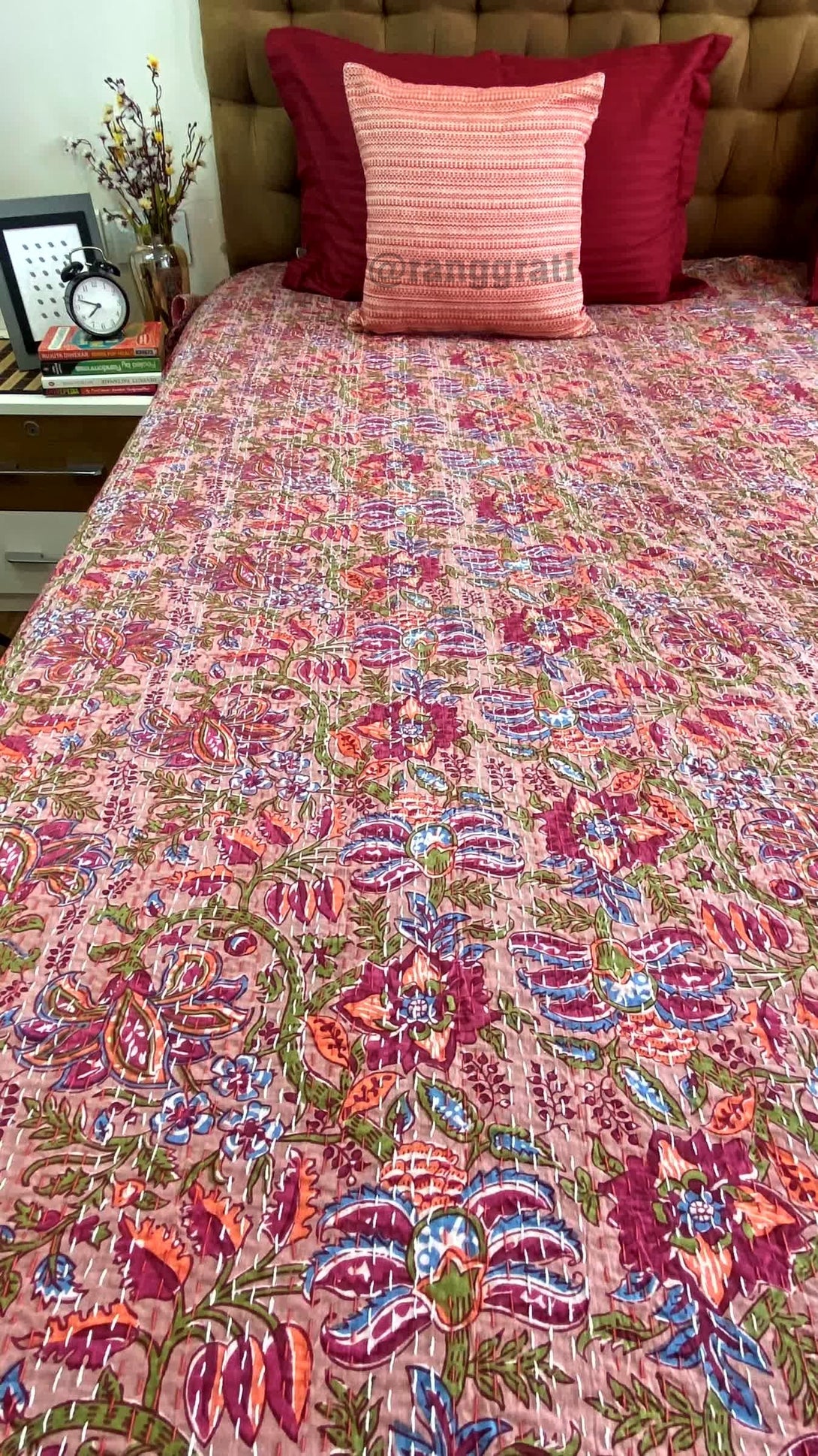 Red Jaal Floral Kantha Bedcover For Double Bed King Size - Bedcover