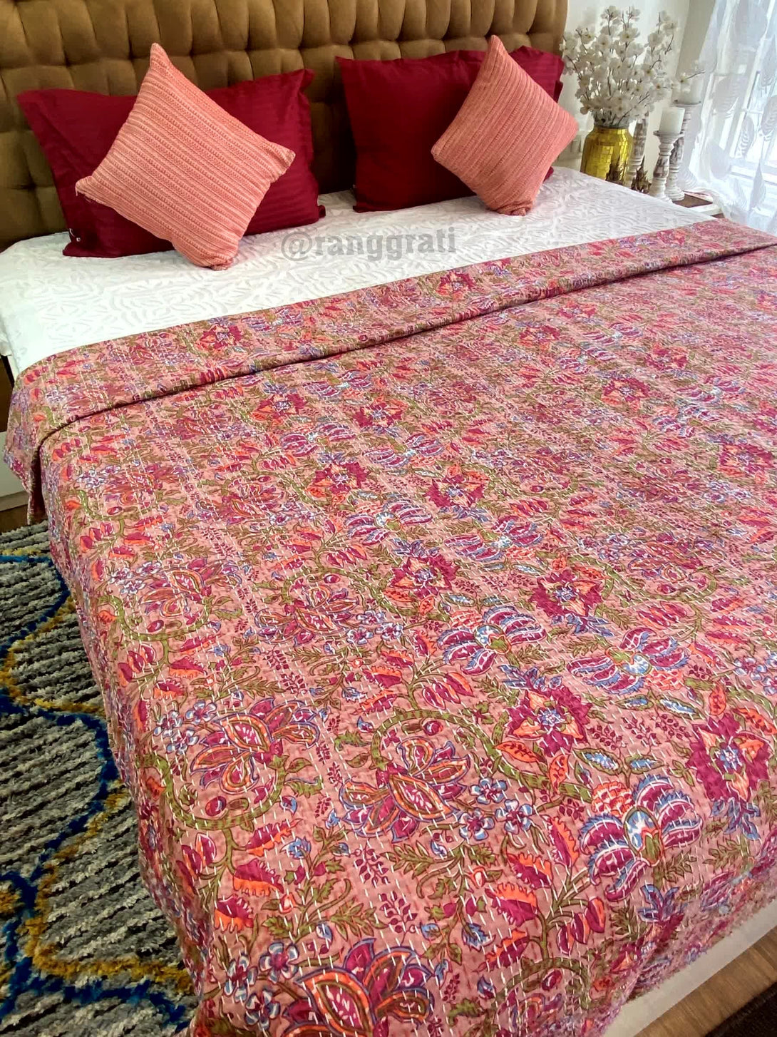 Red Jaal Floral Kantha Bedcover For Double Bed King Size - Bedcover