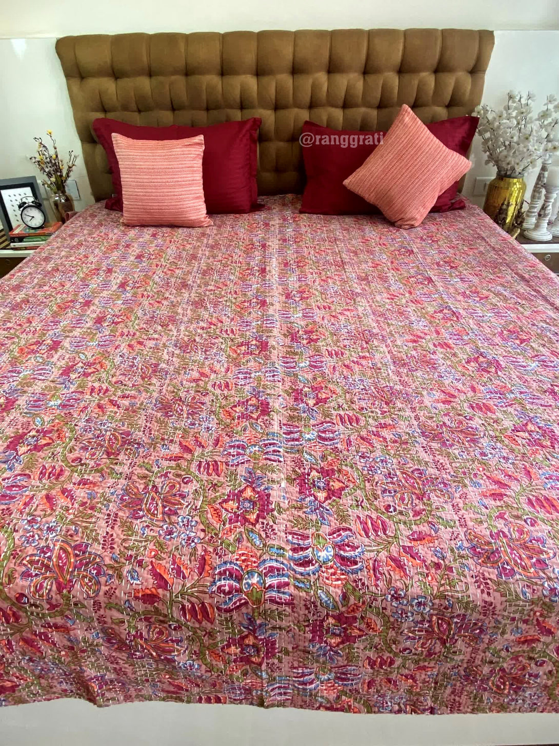 Red Jaal Floral Kantha Bedcover For Double Bed King Size - Bedcover