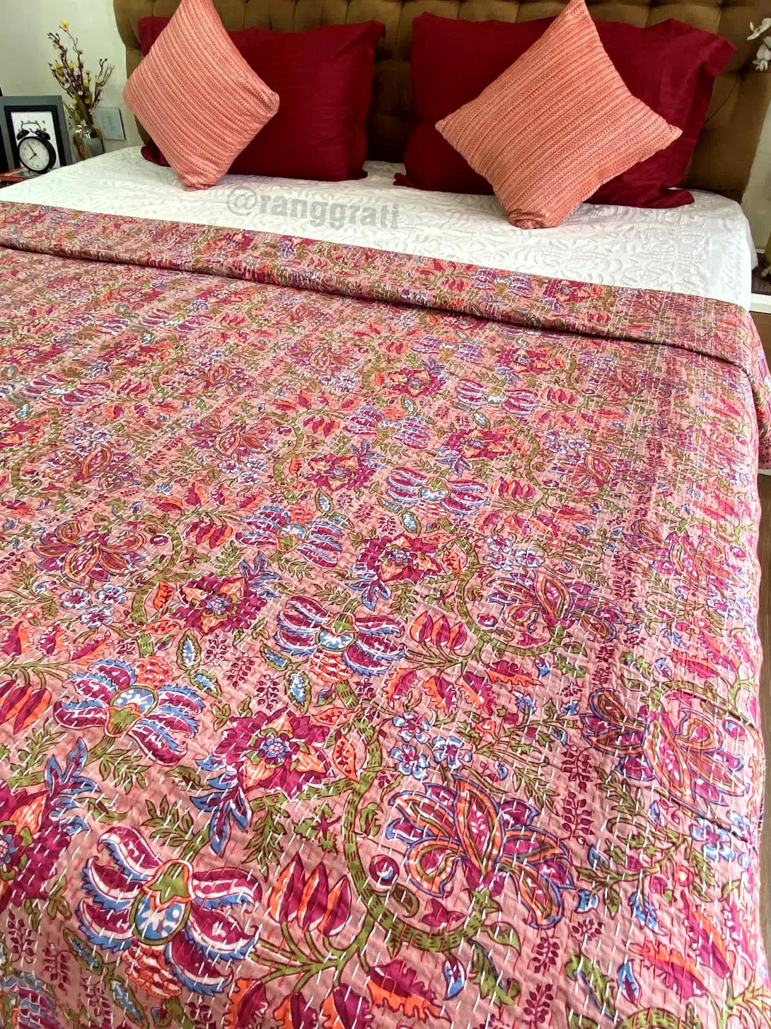 Red Jaal Floral Kantha Bedcover For Double Bed King Size - Bedcover