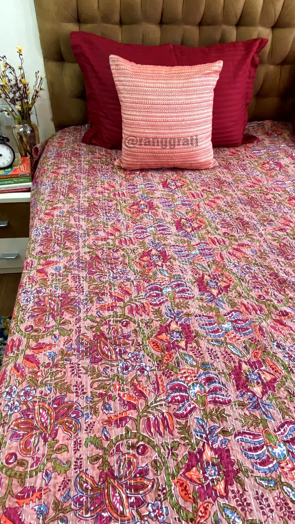 Red Jaal Floral Kantha Bedcover For Double Bed King Size - Bedcover