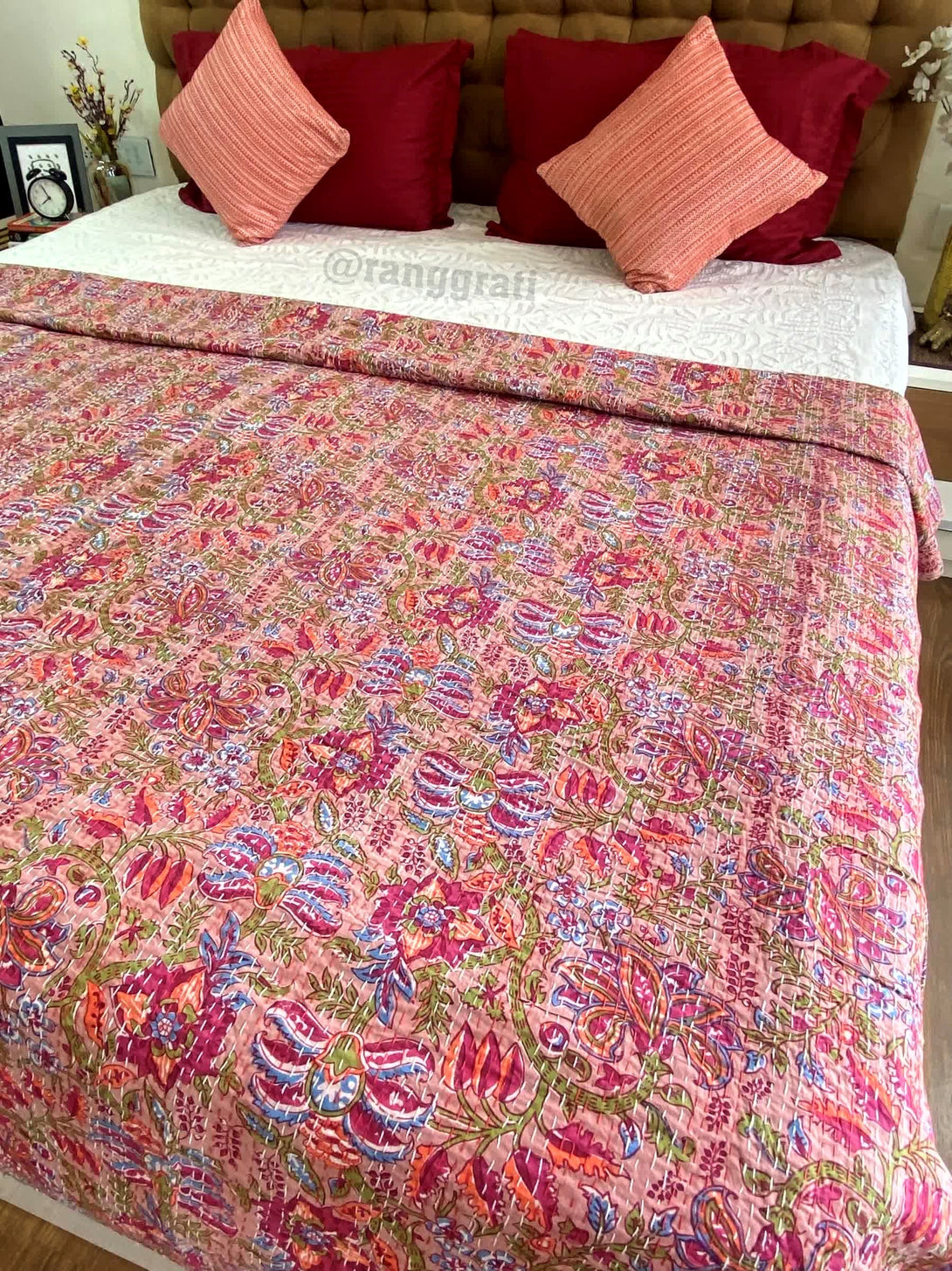 Red Jaal Floral Kantha Bedcover For Double Bed King Size - Bedcover