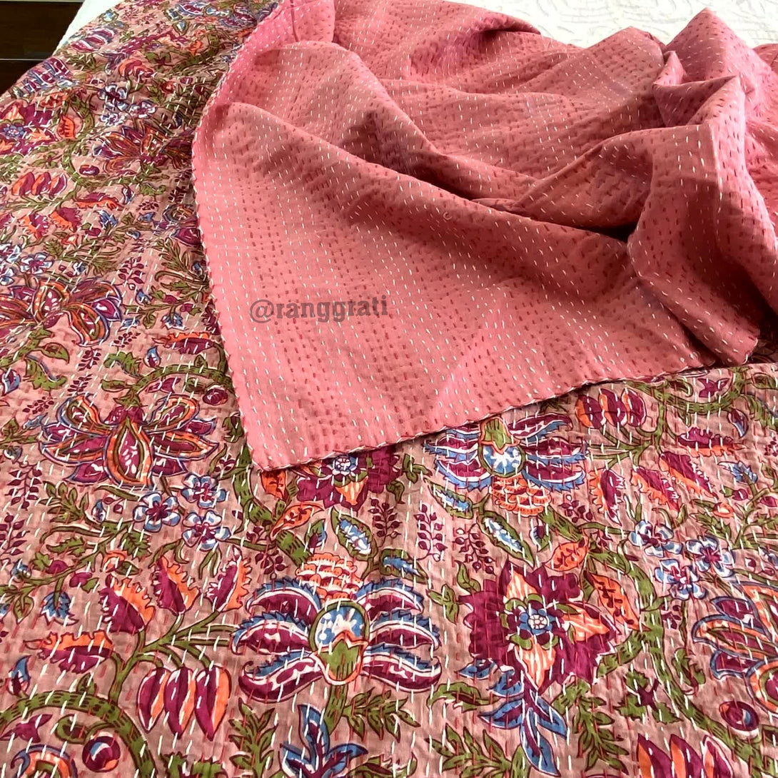 Red Jaal Floral Kantha Bedcover For Double Bed King Size - Bedcover