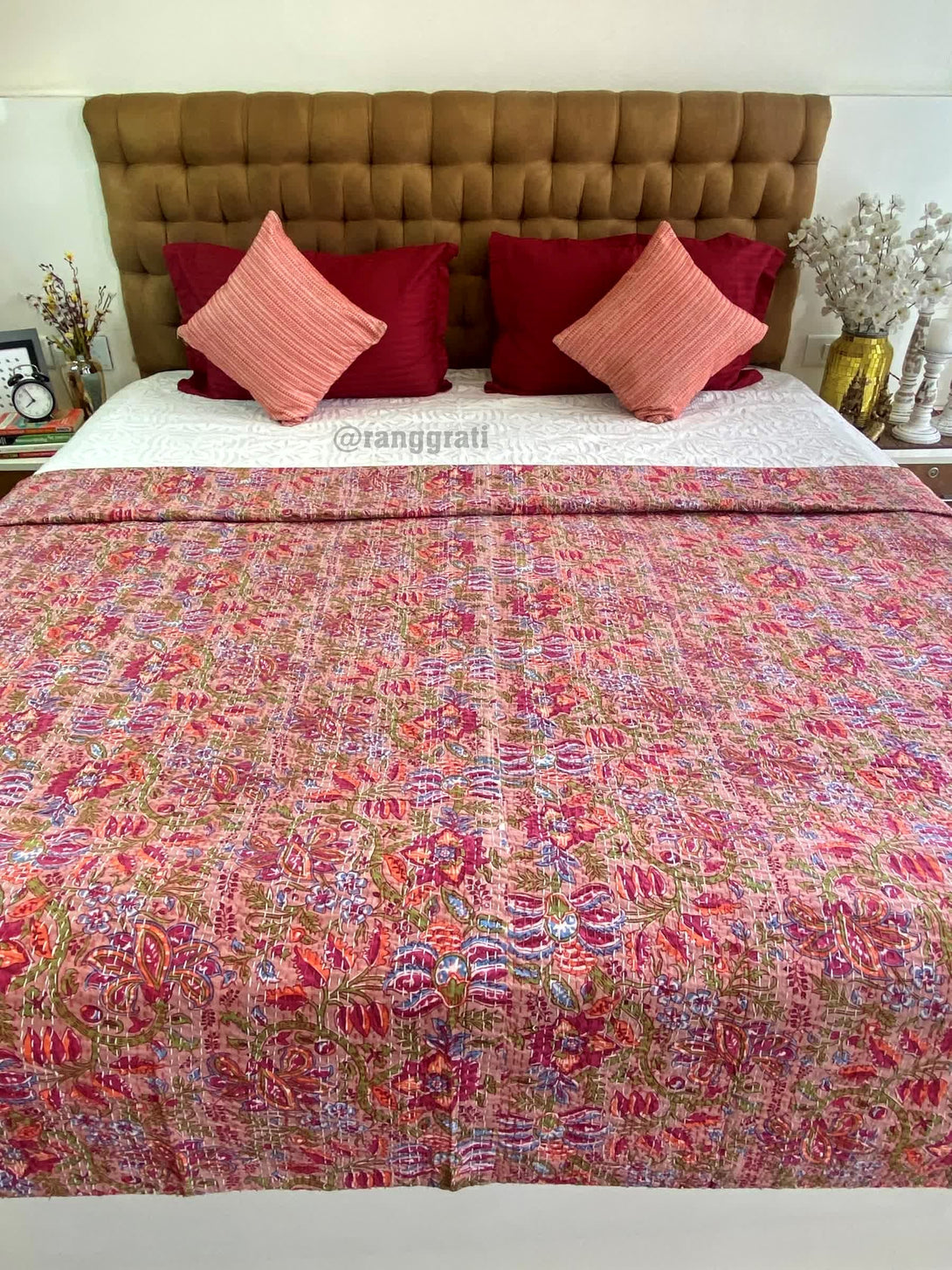 Red Jaal Floral Kantha Bedcover For Double Bed King Size - Bedcover