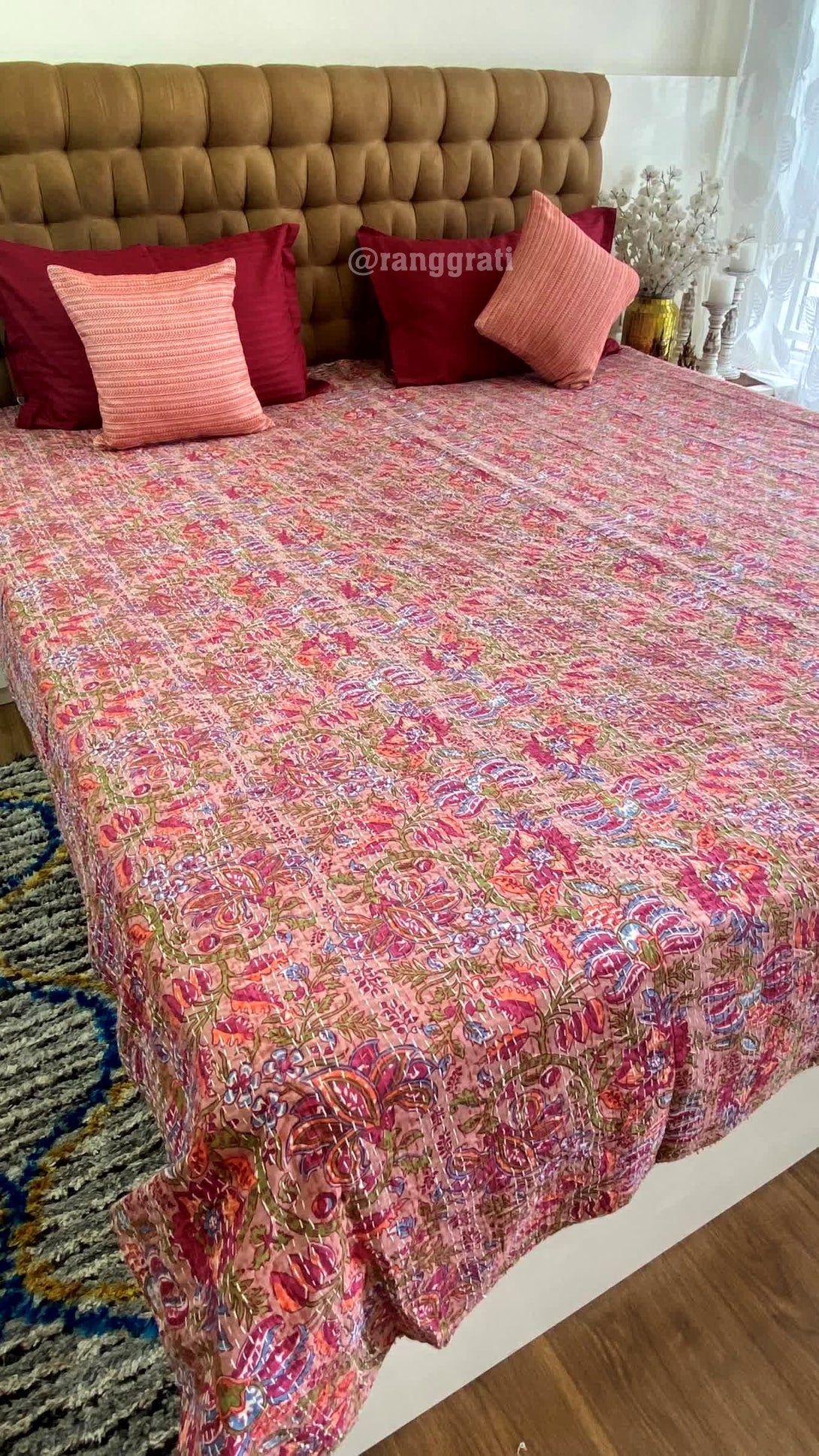 Red Jaal Floral Kantha Bedcover For Double Bed King Size - Bedcover