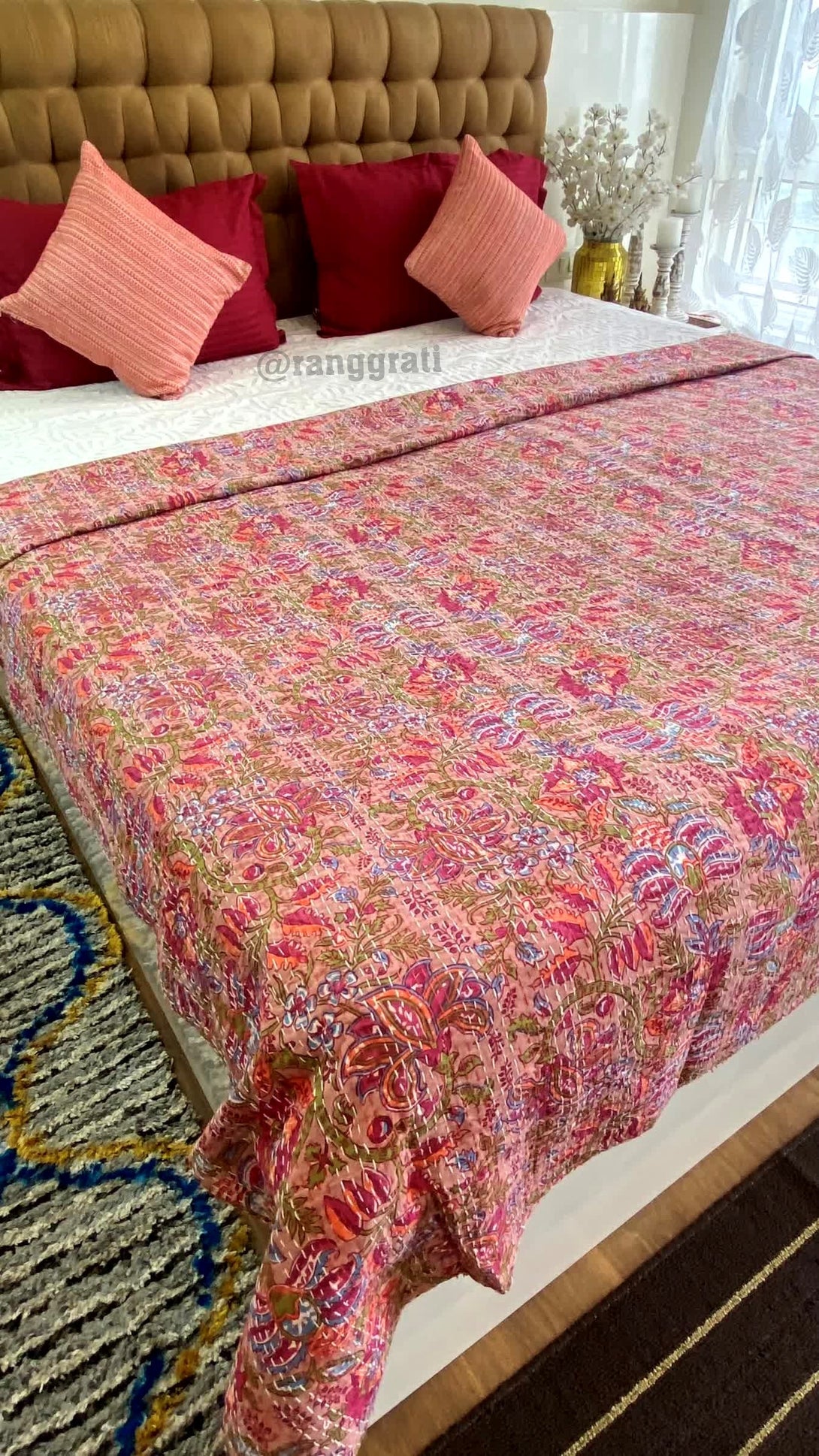 Red Jaal Floral Kantha Bedcover For Double Bed King Size - Bedcover