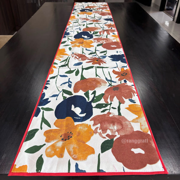 Red Multi Floral Canvas Cotton Table Runner 6 Seater Dining Table - Table Runner