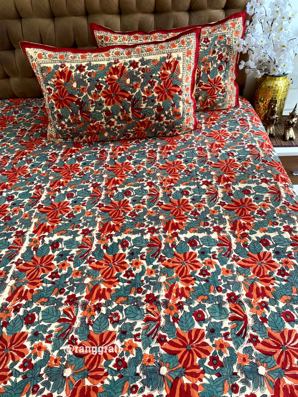 Orange Red Daffodil Floral Jaipuri Cotton Bedsheet King Size For Double Bed