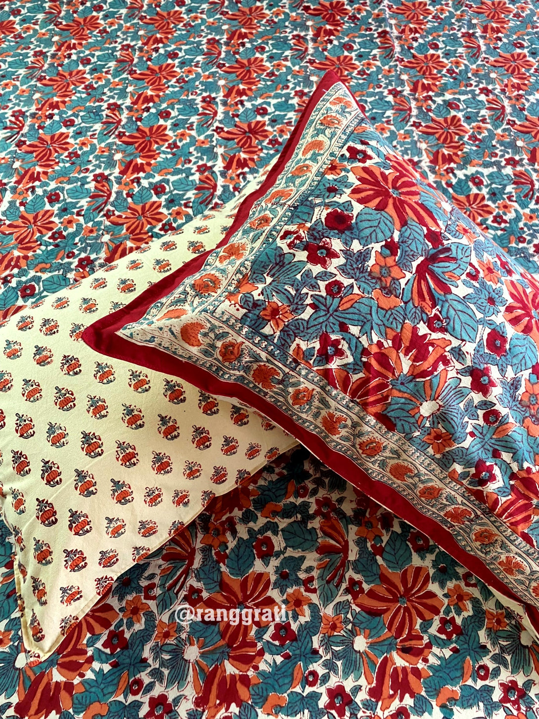 Orange Red Daffodil Floral Jaipuri Cotton Bedsheet King Size With Pillow Covers
