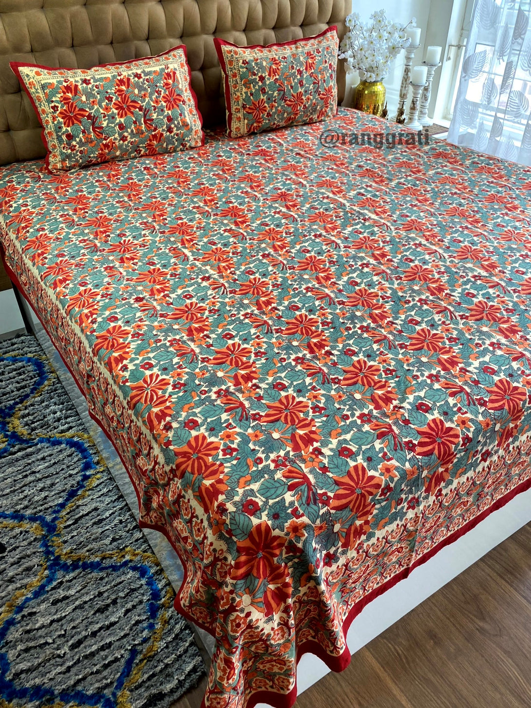 Orange-Red Daffodil Floral Jaipuri Cotton Bedsheet King Size