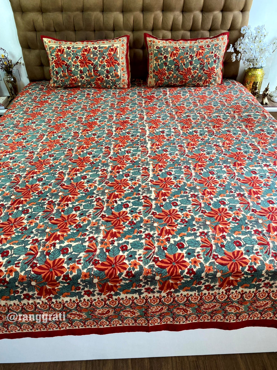 Orange Red Daffodil Floral Jaipuri Cotton Bedsheet For Double Bed King  Size
