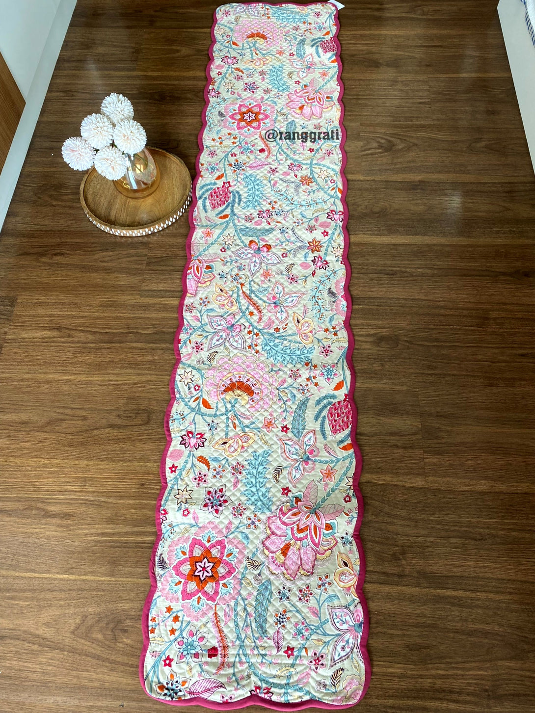 Red Pink Floral Quilted Table Runner For 6 Seater Dining Table