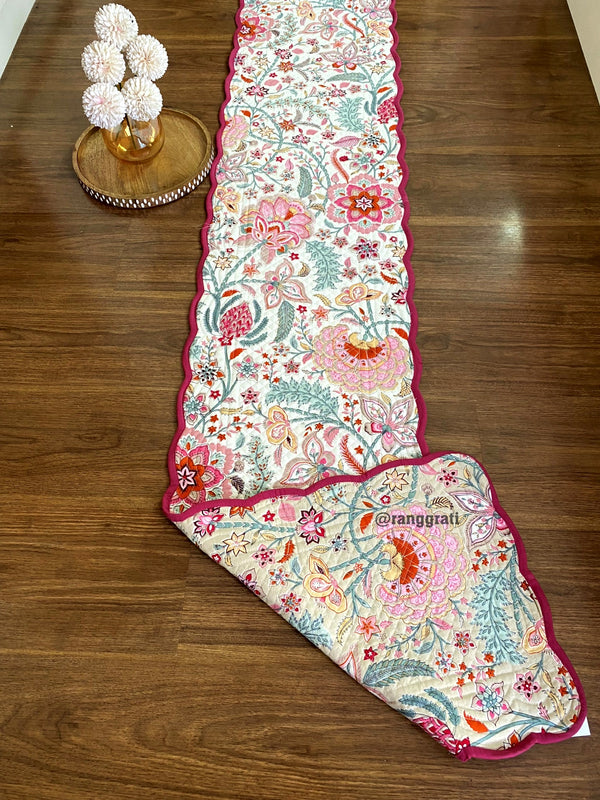Red Pink Floral Quilted Table Runner For 6 Seater Dining Table Reversible