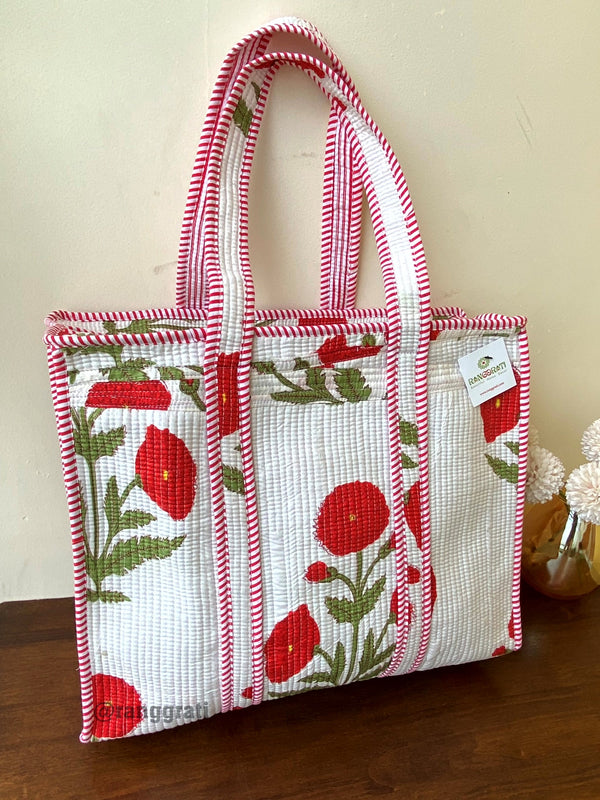 Red Poppy Floral Tote Bag Quilted Hand Block Printed In Cotton With Zip