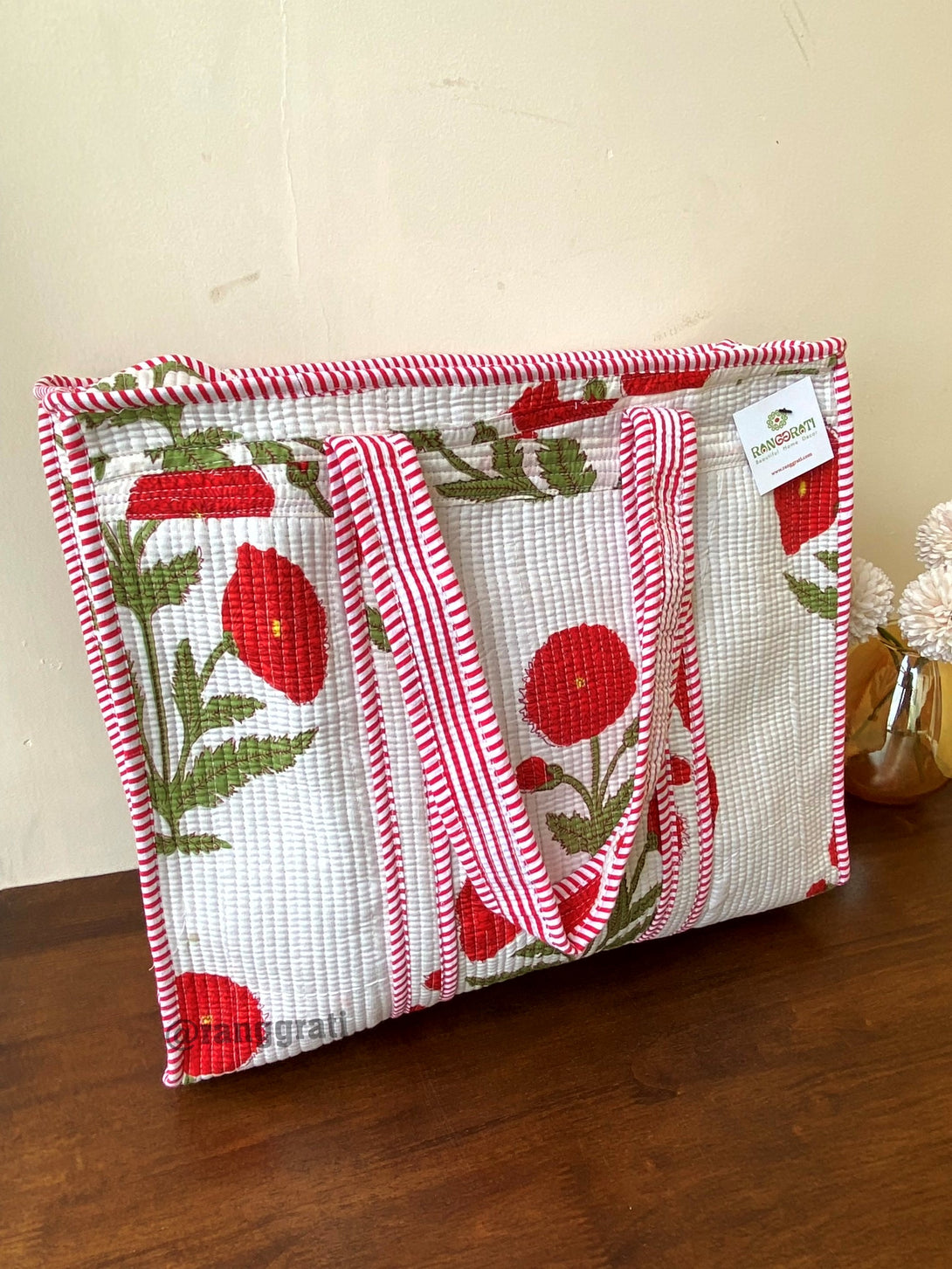 Red Poppy Floral Tote Bag Quilted