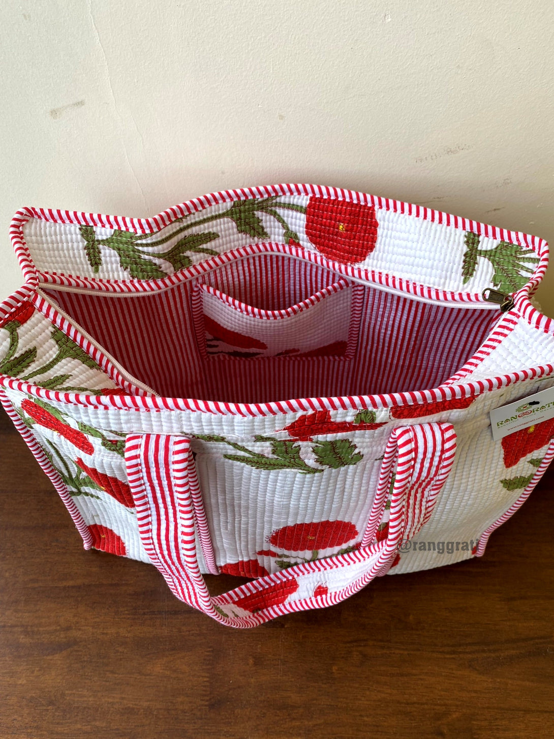 Red Poppy Floral Tote Bag Quilted In Cotton With Zip