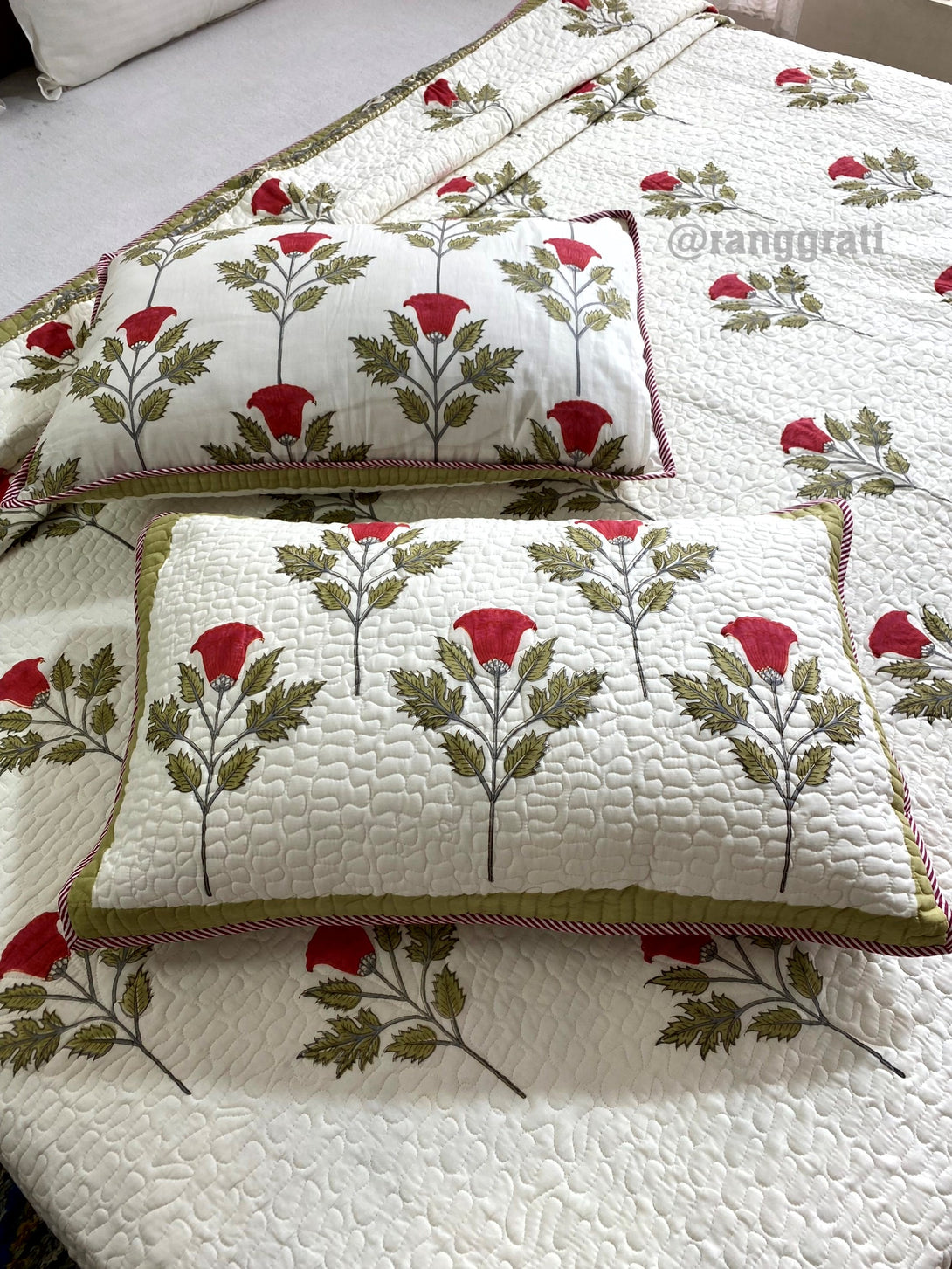 Red Rose Quilted Bedcover Super King 108 X 108 With Pillow Covers 