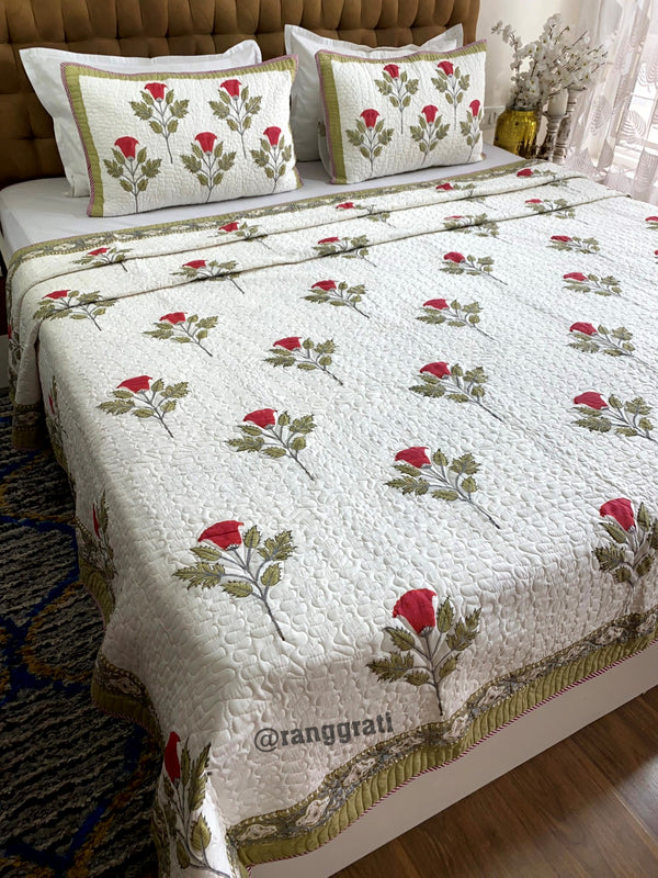 Red Rose Quilted Bedcover 108 X 108 Inch