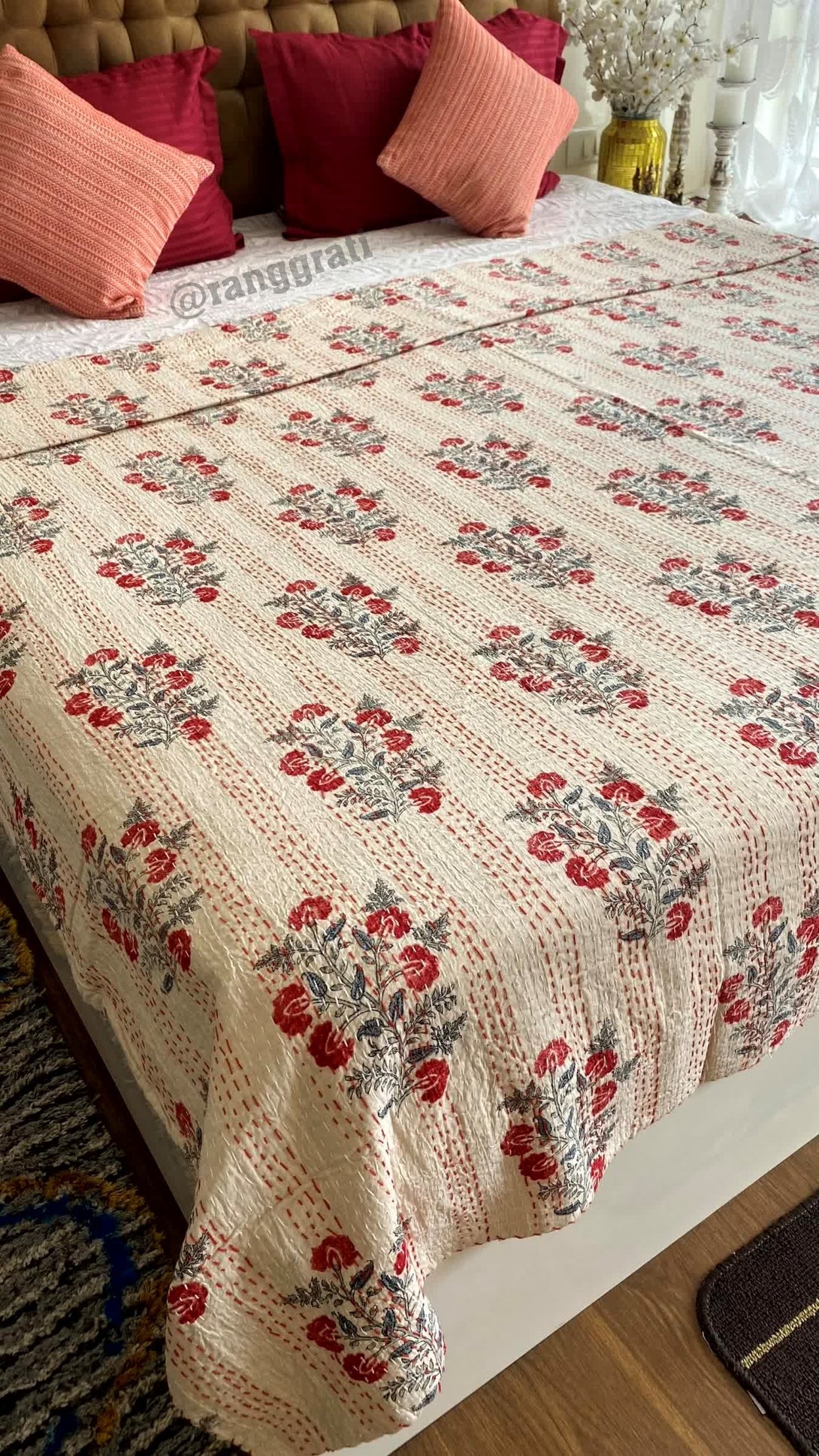 Red Small Floral Kantha Bedcover For Double Bed King Size - Bedcover