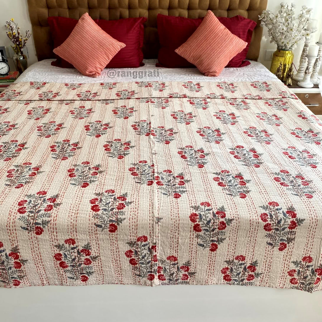 Red Small Floral Kantha Bedcover For Double Bed King Size - Bedcover