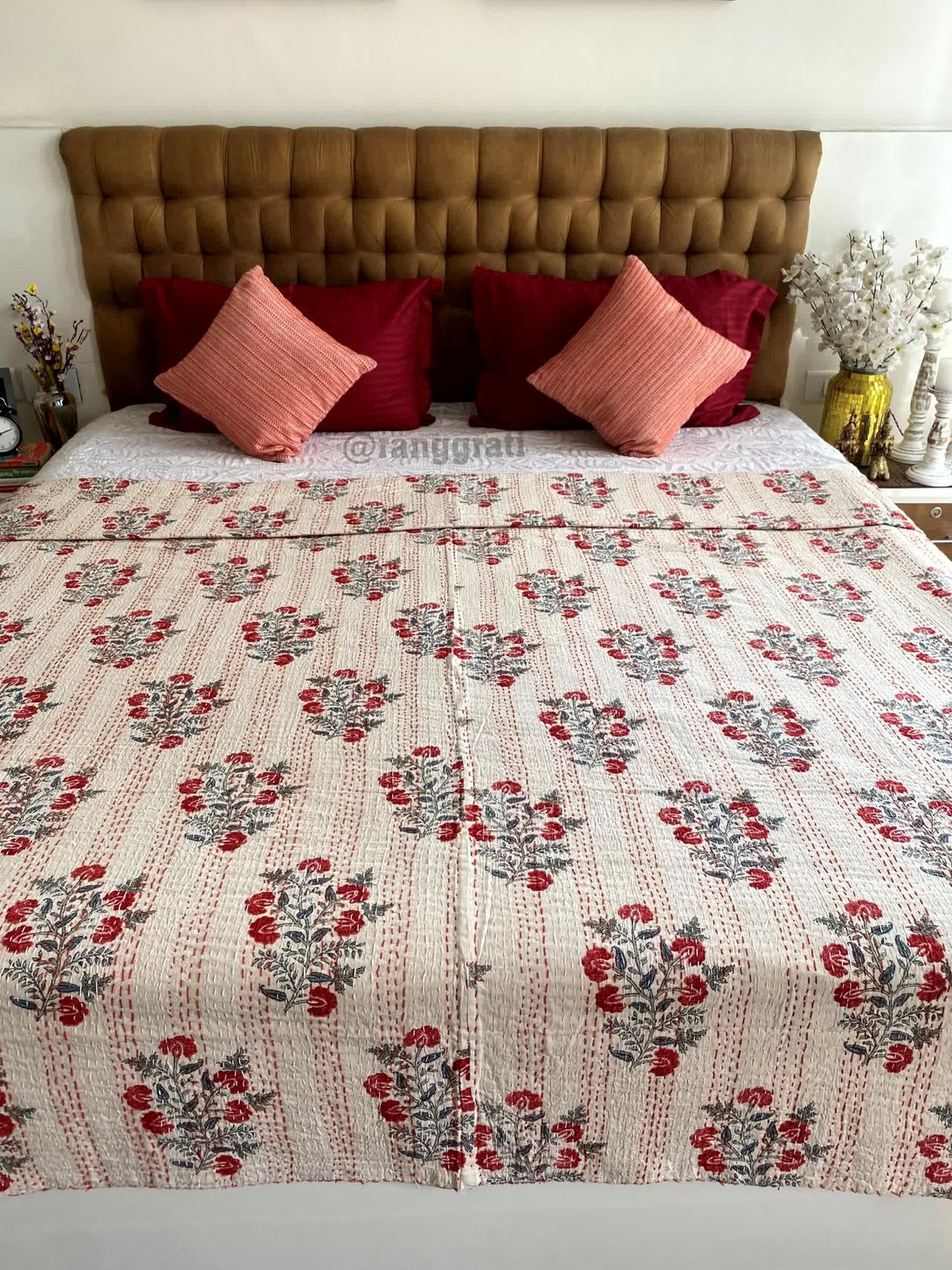 Red Small Floral Kantha Bedcover For Double Bed King Size - Bedcover