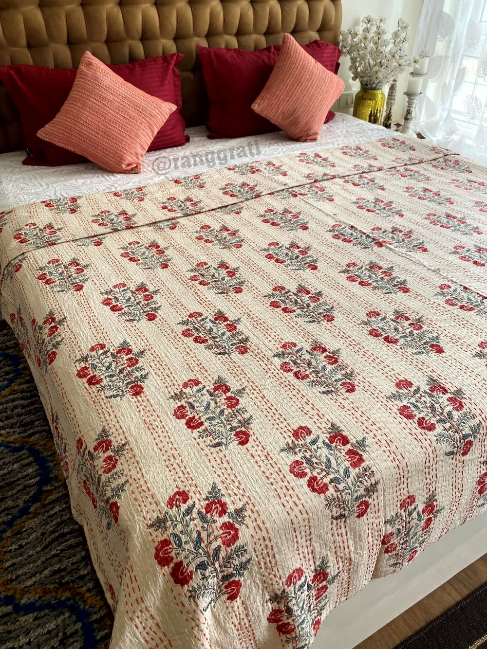 Red Small Floral Kantha Bedcover For Double Bed King Size - Bedcover