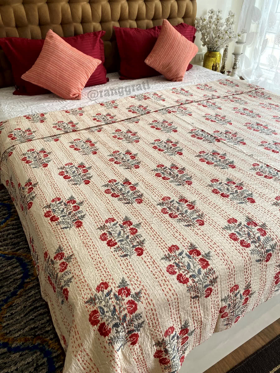 Red Small Floral Kantha Bedcover For Double Bed King Size