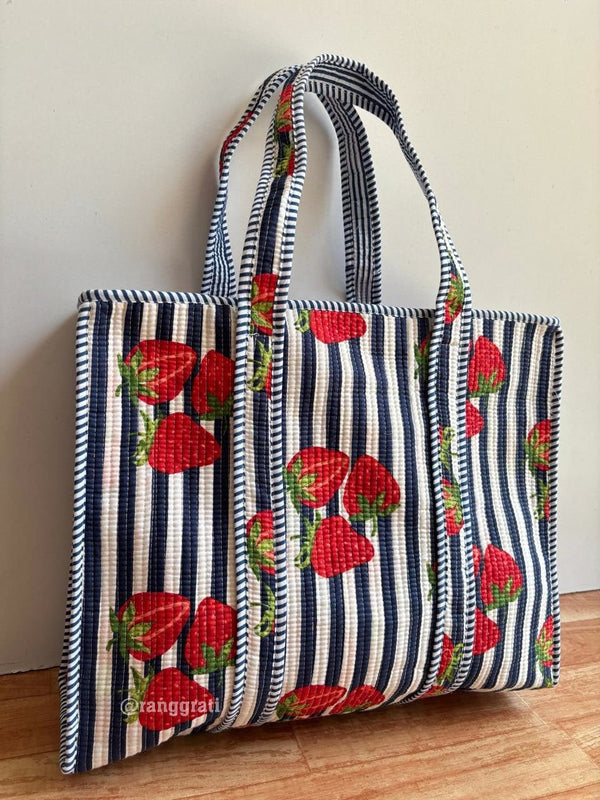 Red Strawberry Tote Bag quilted Hand Block Printed Cotton with Zip Online - Tote Bag