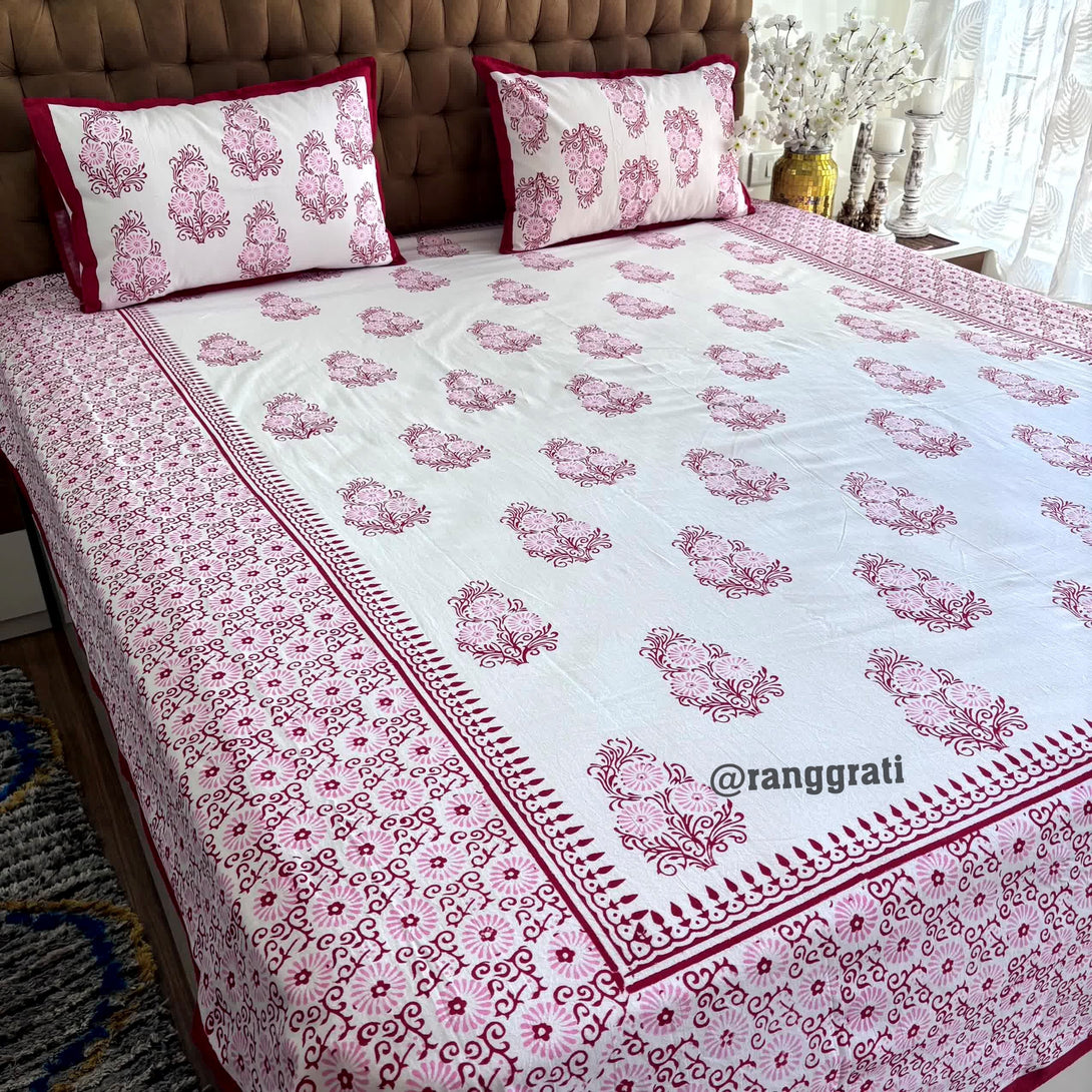 Red White Floral Jaipuri Cotton Bedsheet King Size For Double Bed - Bedsheet
