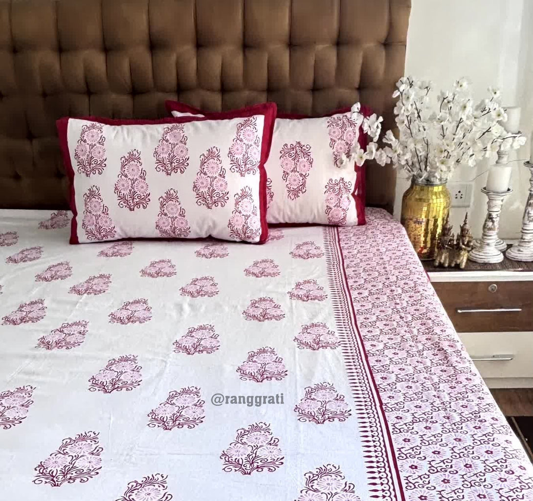 Red White Floral Jaipuri Cotton Bedsheet King Size For Double Bed - Bedsheet