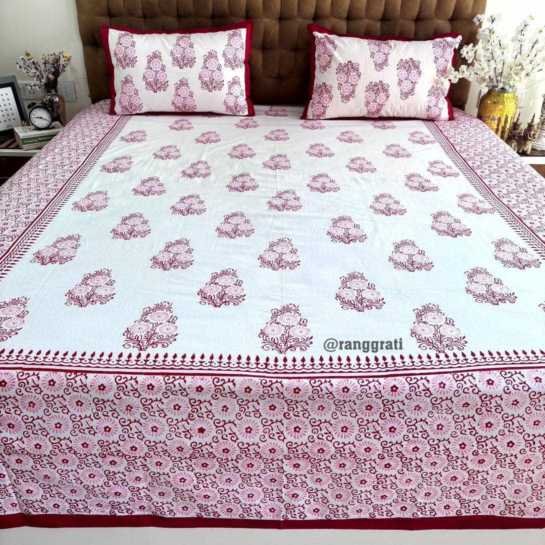 Red White Floral Jaipuri Cotton Bedsheet King Size For Double Bed - Bedsheet