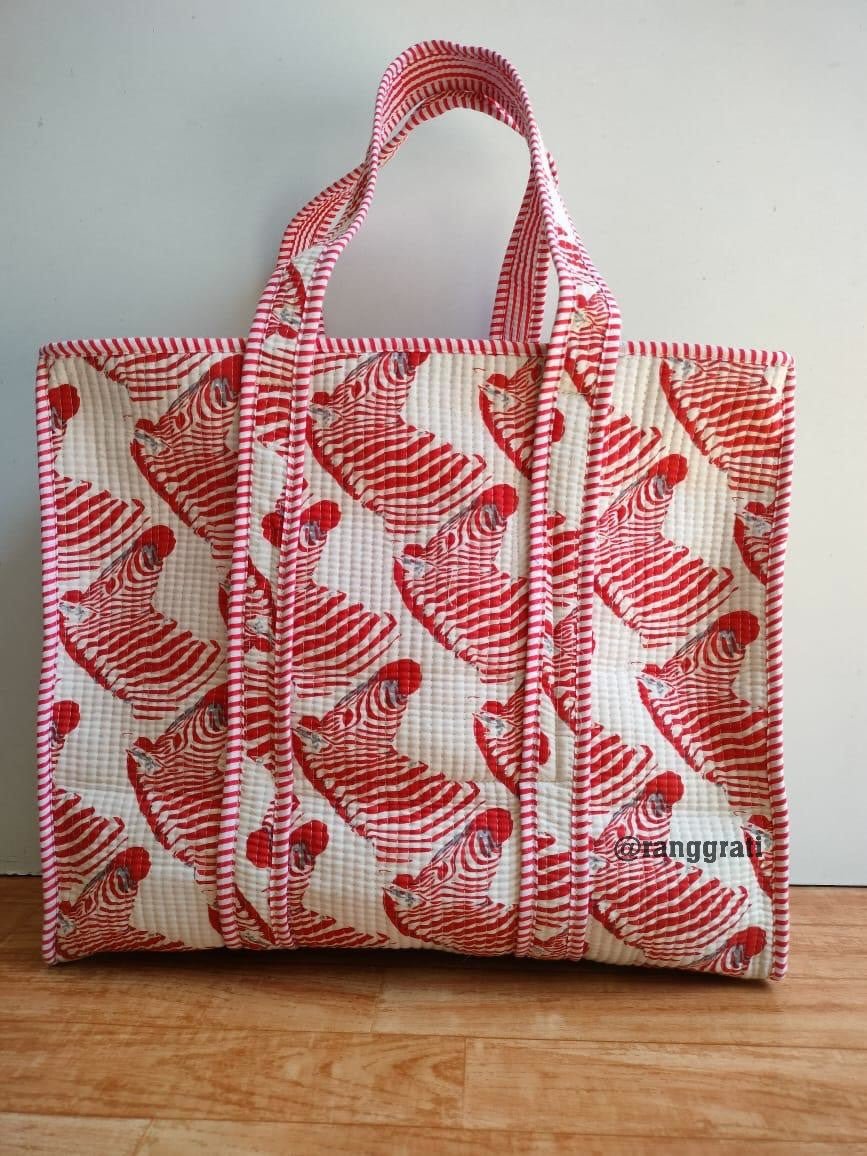 Red Zebra Tote Bag quilted Hand Block Printed Cotton with Zip Online - Tote Bag